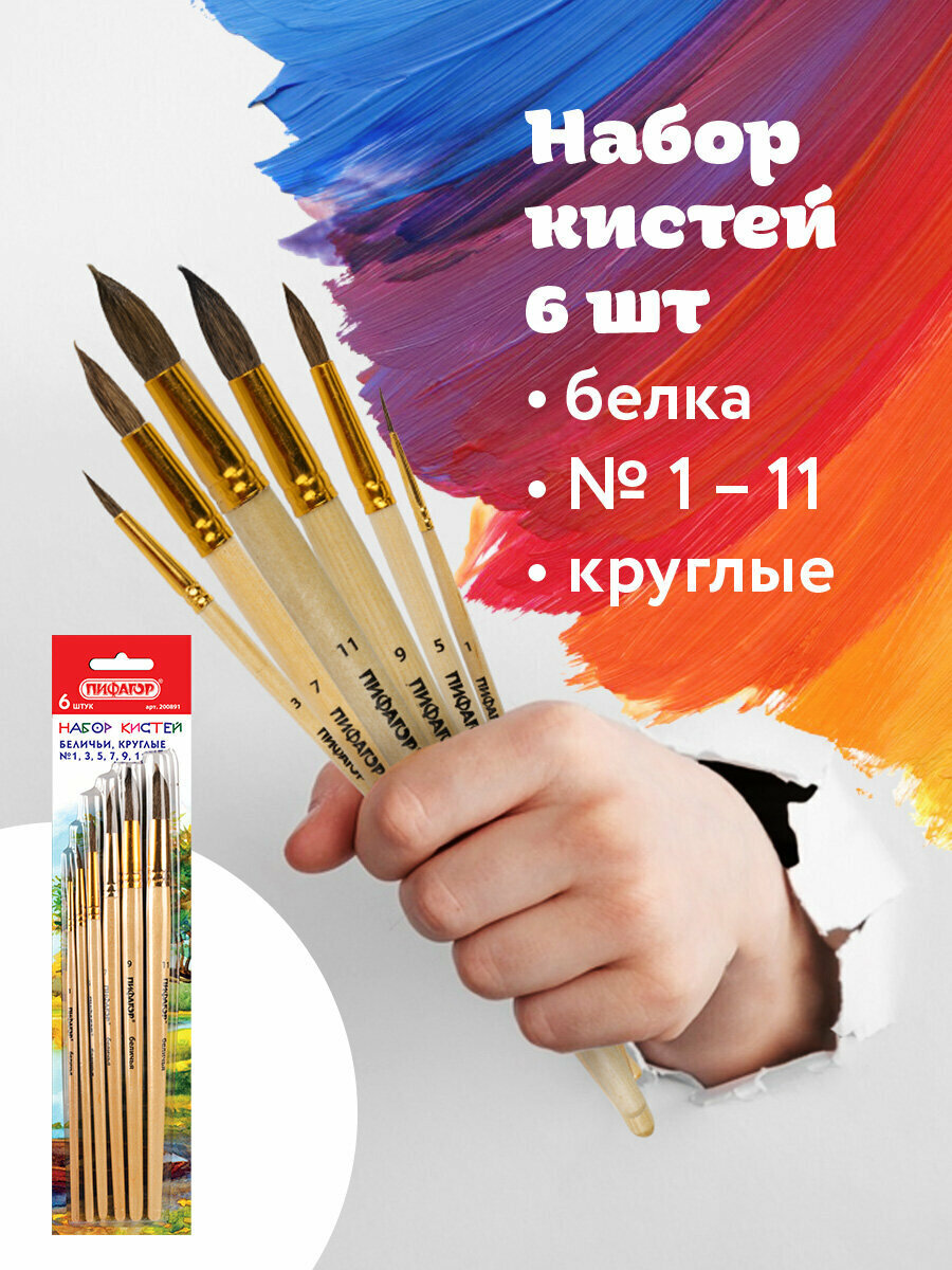 Кисти / кисточки для акварели, гуаши для рисования Пифагор, набор 6 шт. (белка круглые № 1, 3, 5, 7, 9, 11), блистер, 200891