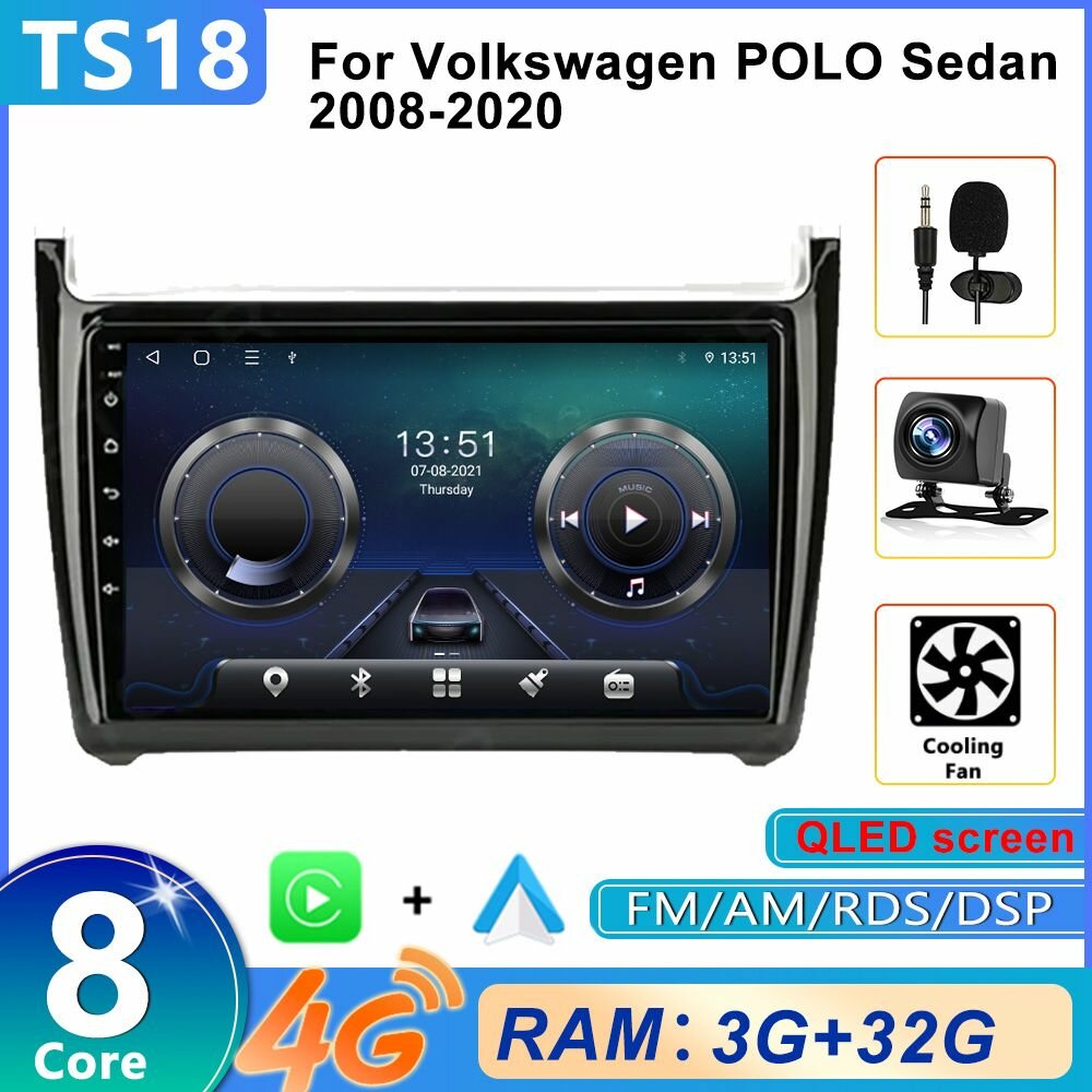 Автомагнитола For Volkswagen POLO Sedan 2008-2020 Android TS18 3+32 радиоплеер для Bluetooth, Wi-Fi, DSP/32-EQ/AM, FM-радио/Сенсорные кнопки, Carplay/Android auto