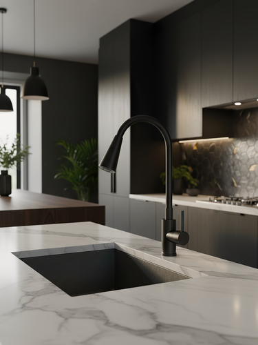 Изображение товара Смеситель для кухни ESKO K47BB с гибким изливом черный Total Black, с режимной лейкой, 2 режима