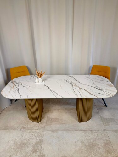 Изображение товара Стол Mesa design Tubos Dobles, керамогранит, металл, овальный, 170х90х75 см, белый с золотым подстольем