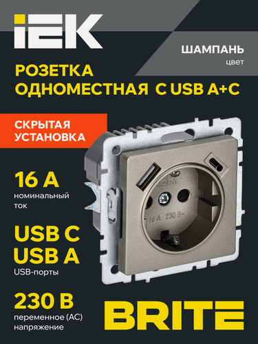 Изображение товара BRITE Розетка одноместная с заземлением с защитными шторками 16А с USB A+C 18Вт РЮш11-1-БрШ шампань IEK