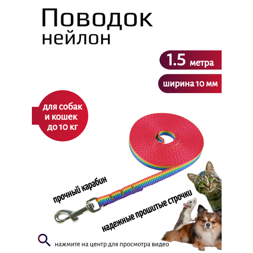 фото Поводок хвостатыч с карабином нейлон для мелких пород 1.5 м х 10 мм (радужный)
