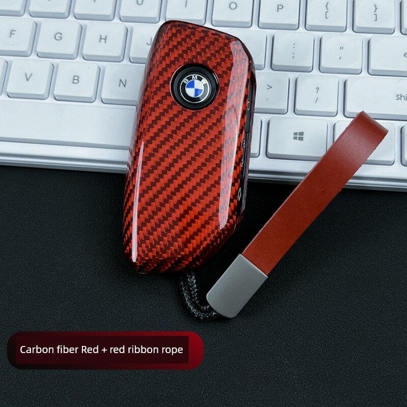 Чехол для ключа из углеродного волокна для BMW 5 Series с кожаным шнуром, красный премиум аксессуар