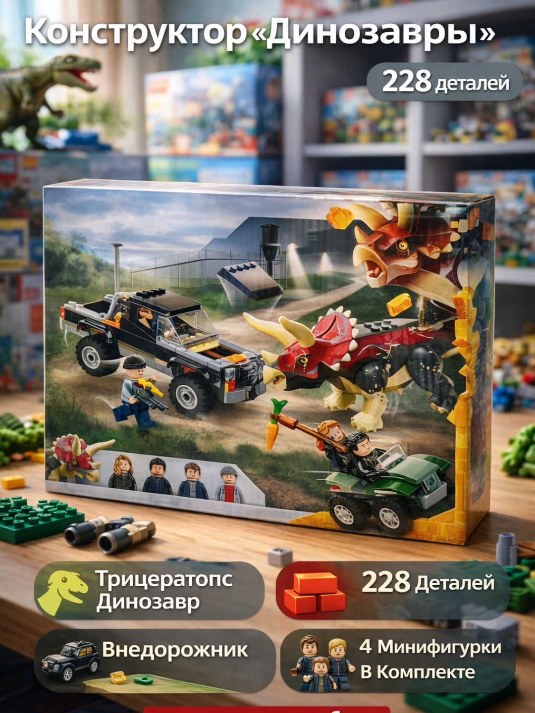 Детский развивающий конструктор с динозавром Трицератопсом, внедорожником и минифигурками для игры и фантазии 228PCS