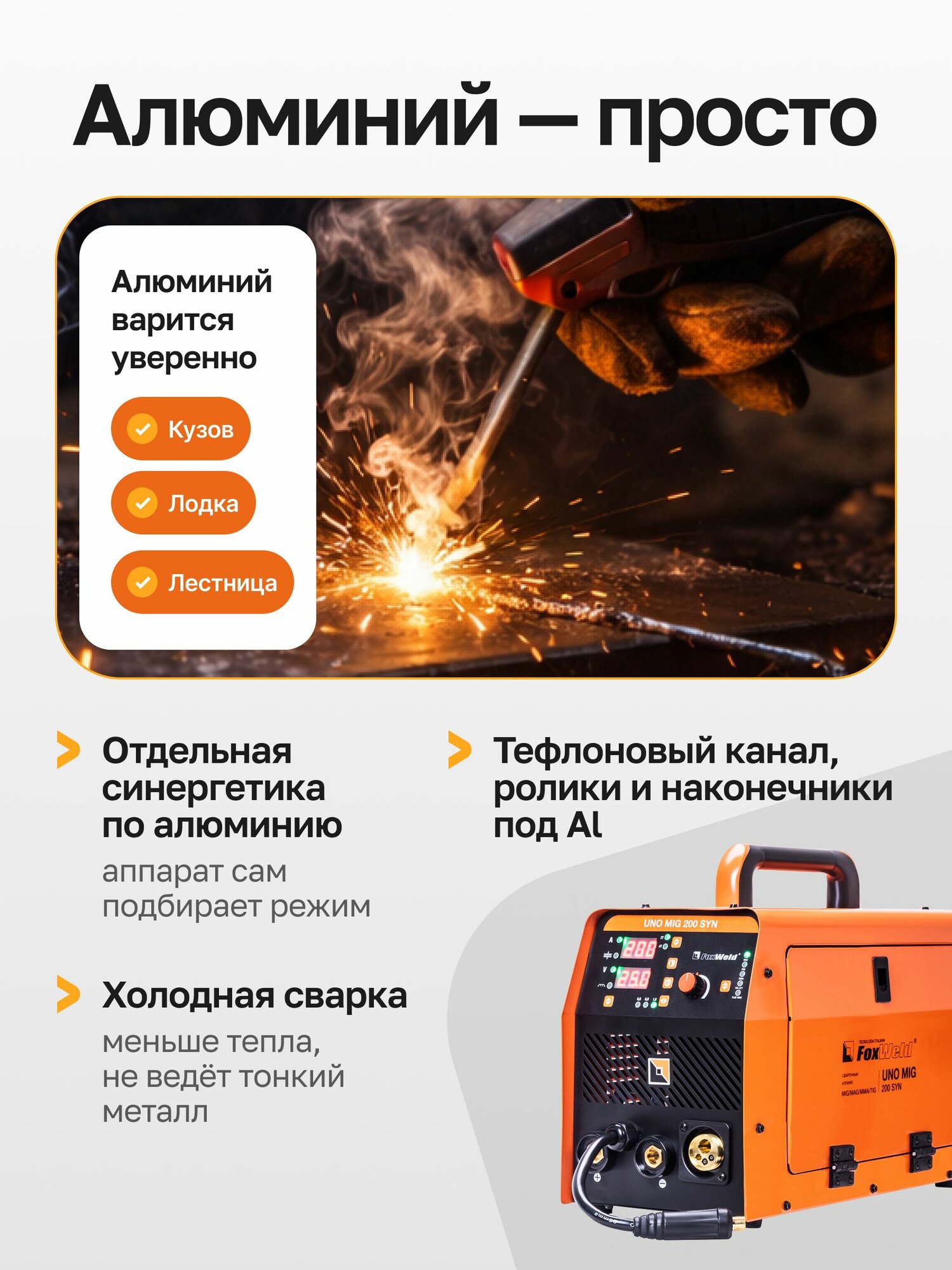 Сварочный полуавтомат UNO MIG 200 SYN: 4в1 (MIG/MAG, FLUX, MMA, TIG) с синергетикой, ток до 200А — фото 1