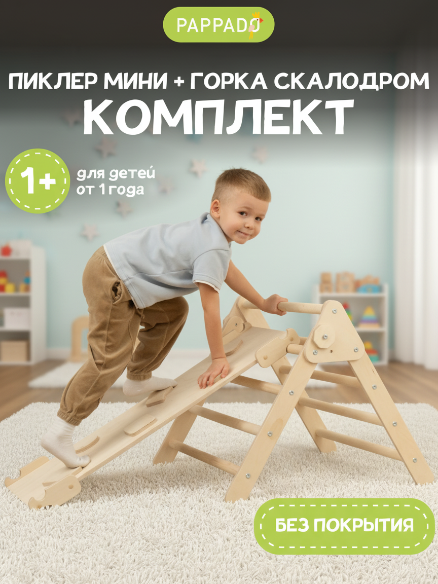 Комплект треугольник Пиклер Мини + горка "скалодром" от "Pappado", шлифованный