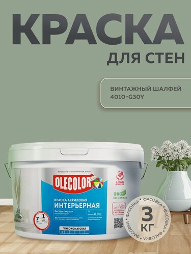 Изображение товара Краска для стен интерьерная OLECOLOR, зеленый, акриловая без запаха винтажный шалфей 3 кг