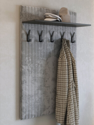 Изображение товара Мягкая настенная вешалка в прихожую, из велюра, с полкой с черными крючками, цвет Серый/черный