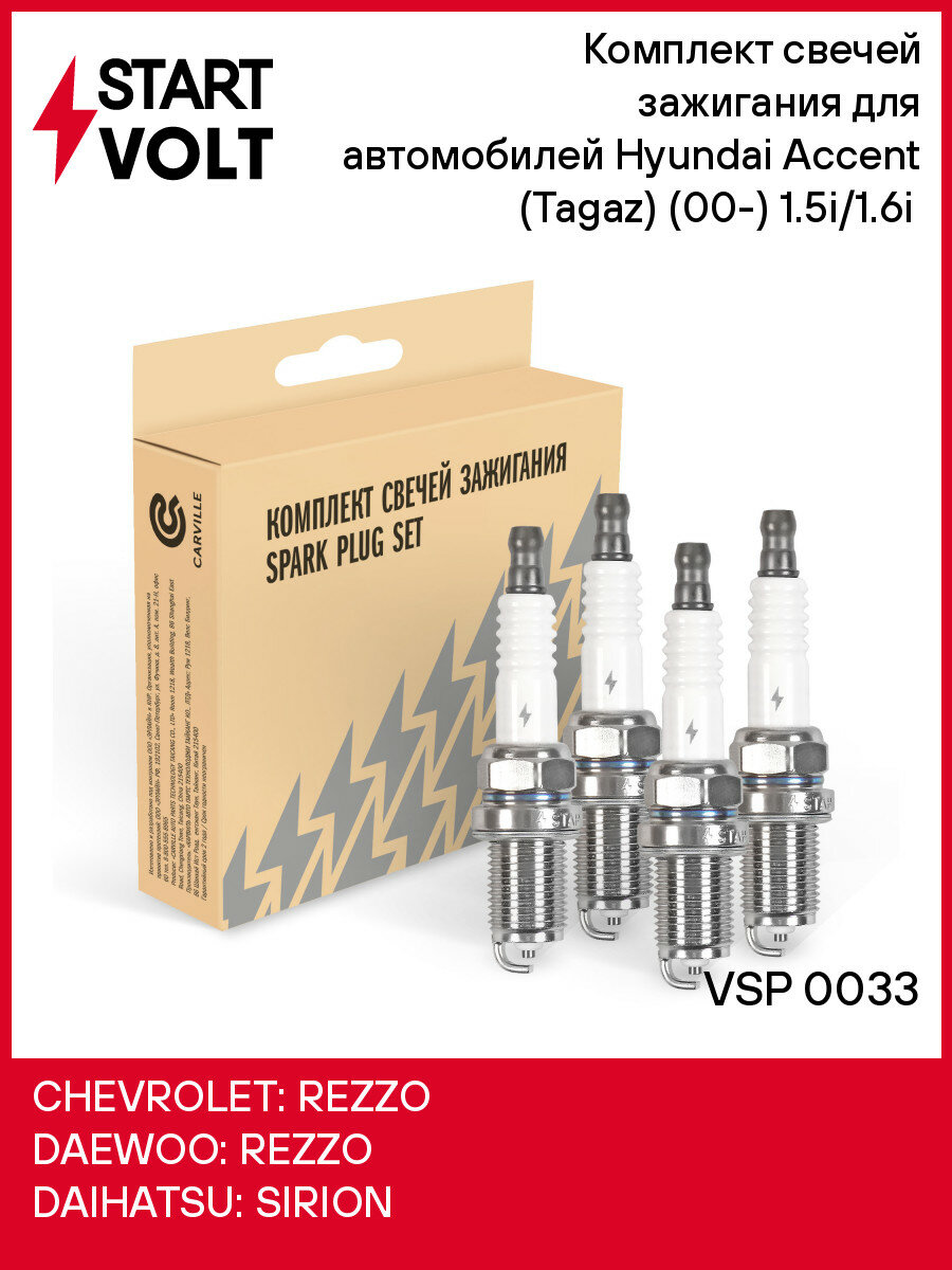 Комплект свечей зажигания VSP 1404 для автомобилей Hyundai Accent (Tagaz) (00 ) 1.5i/1.6i (4шт) STARTVOLT VSP 0033