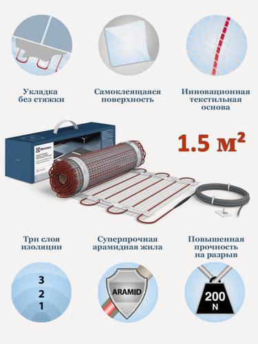 Изображение товара Комплект теплого пола Electrolux EEFM 2-180-1,5 удельная мощность 180 Вт/м2, площадь обогрева 1,5 м2