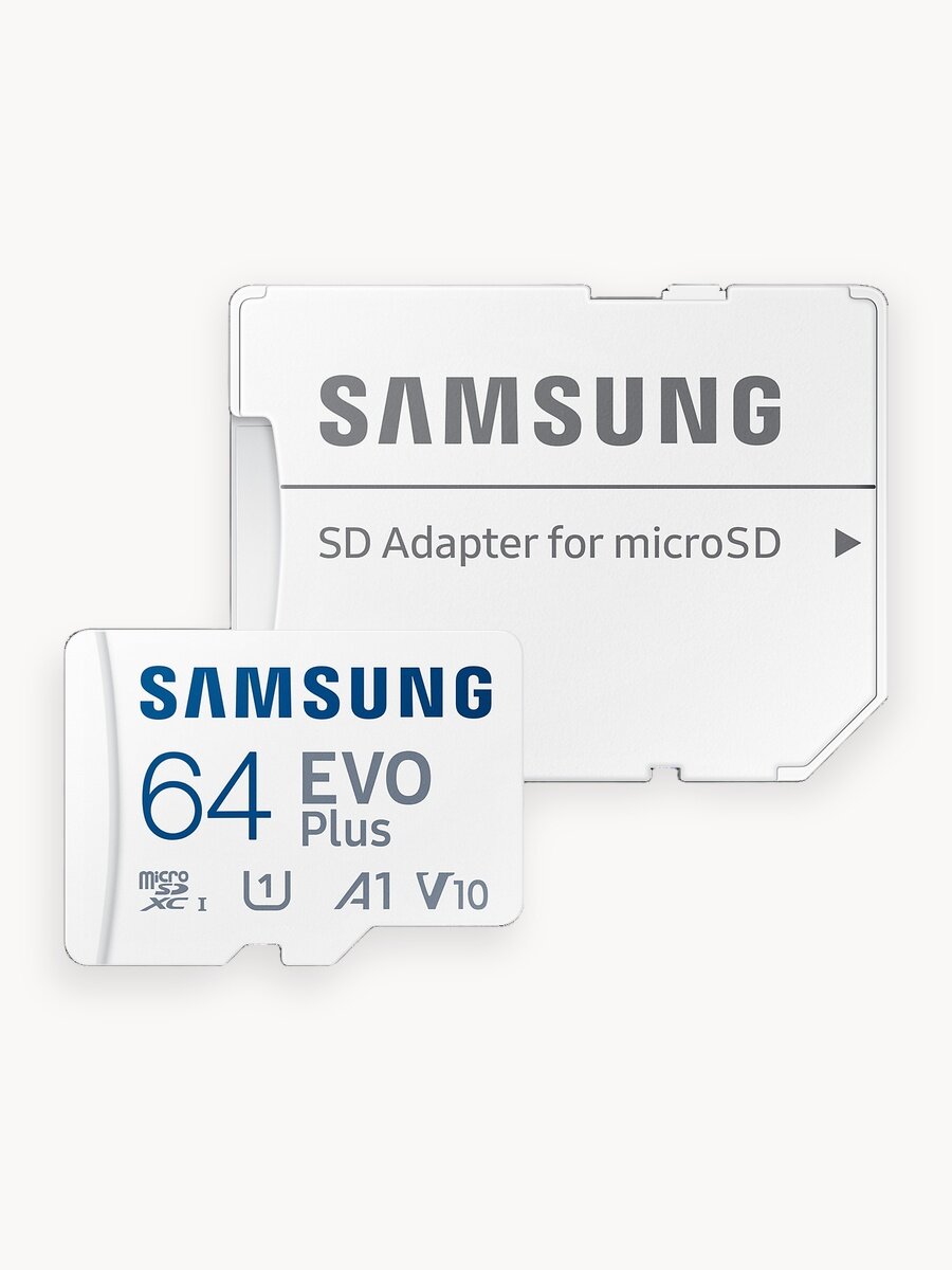 Карта памяти Samsung EVO Plus, 64 ГБ, MicroSDXC, A1 U1 V10, +SD адаптер (MB-MC64SA/)