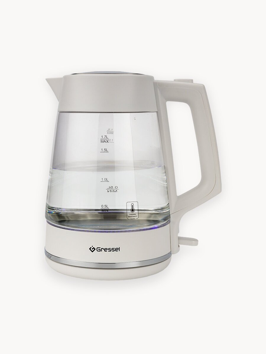 Электрический чайник Gressel GRK-1114, 1.7л, 2200Вт, защита от перегрева, контроллер Strix, термостойкое стекло, белый