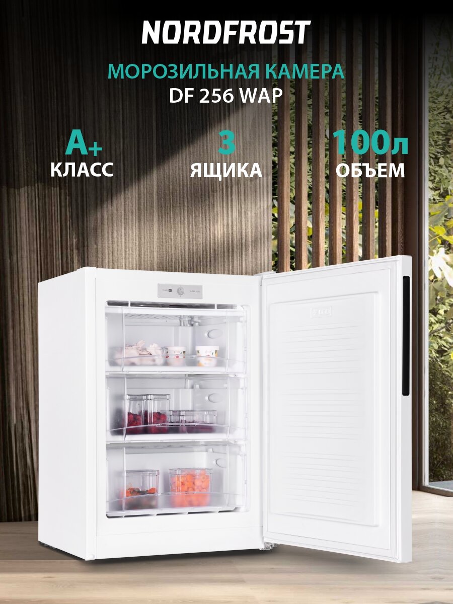 Морозильная камера NORDFROST DF 256 WAP, объём 100 л, ручная система оттаивания, перенавешиваемая дверь, белая