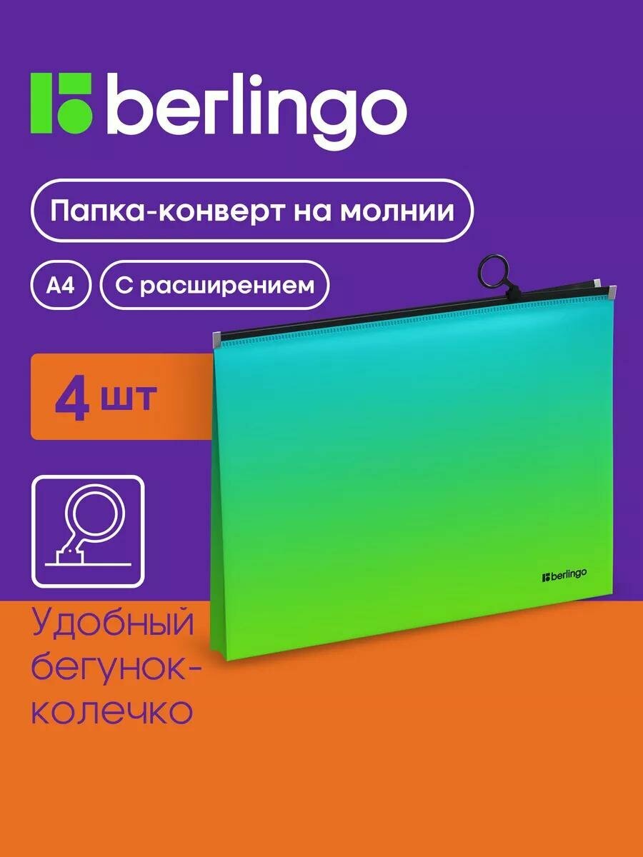Папка конверт для документов и бумаг на молнии с расширением Berlingo "Radiance", 180 мкм, 4 штуки