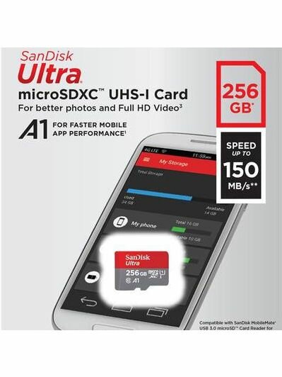 Карта памяти SanDisk Ultra microSDXC, Class10, 256 Гб (SDSQUAC-256G-GN6MN)