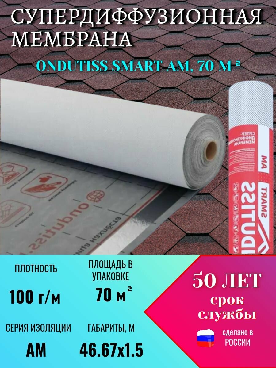 Супердиффузионная мембрана ONDUTISS SMART AM 70м2 / Гидро-ветрозащитная паропроницаемая мембрана Ондутис Смарт АМ