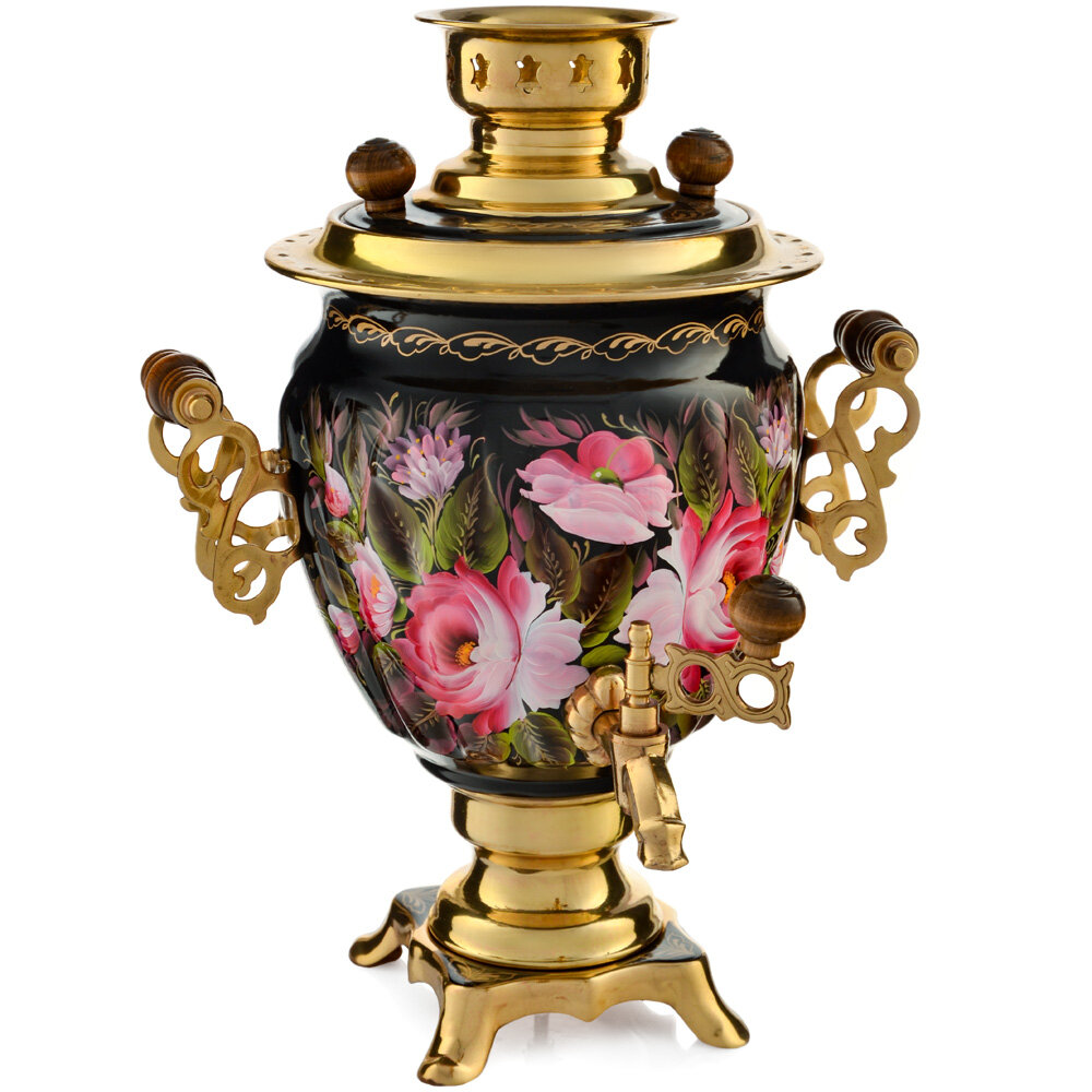 Самовар электрический 3 литра с художественной росписью «Пионы на чёрном в золоте» формы «Жёлудь»