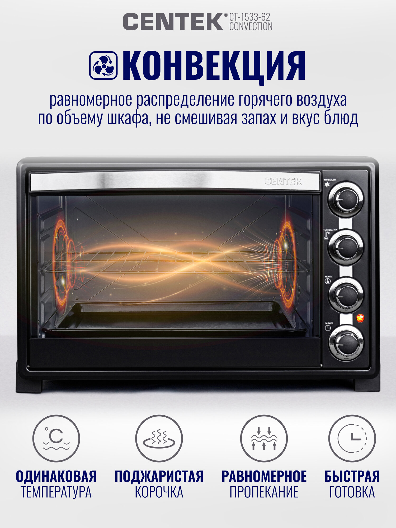 Мини печь Centek CT-1533-62 Convection, 62 л, 2200 Вт, 5 режимов, Таймер, С конвекцией. — фото 1