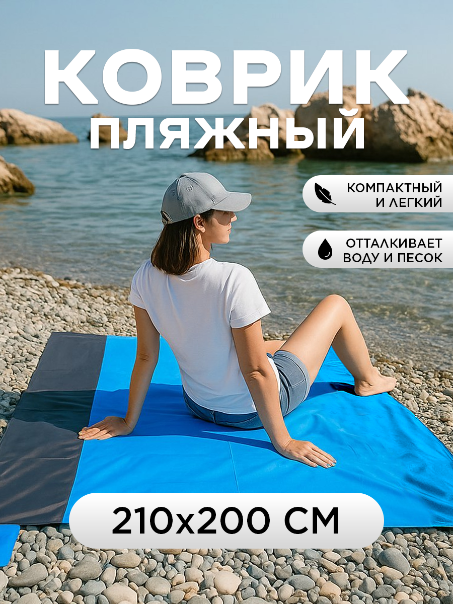 Водонепроницаемый пляжный коврик/ Коврик для пикника 200*210 см (синий)
