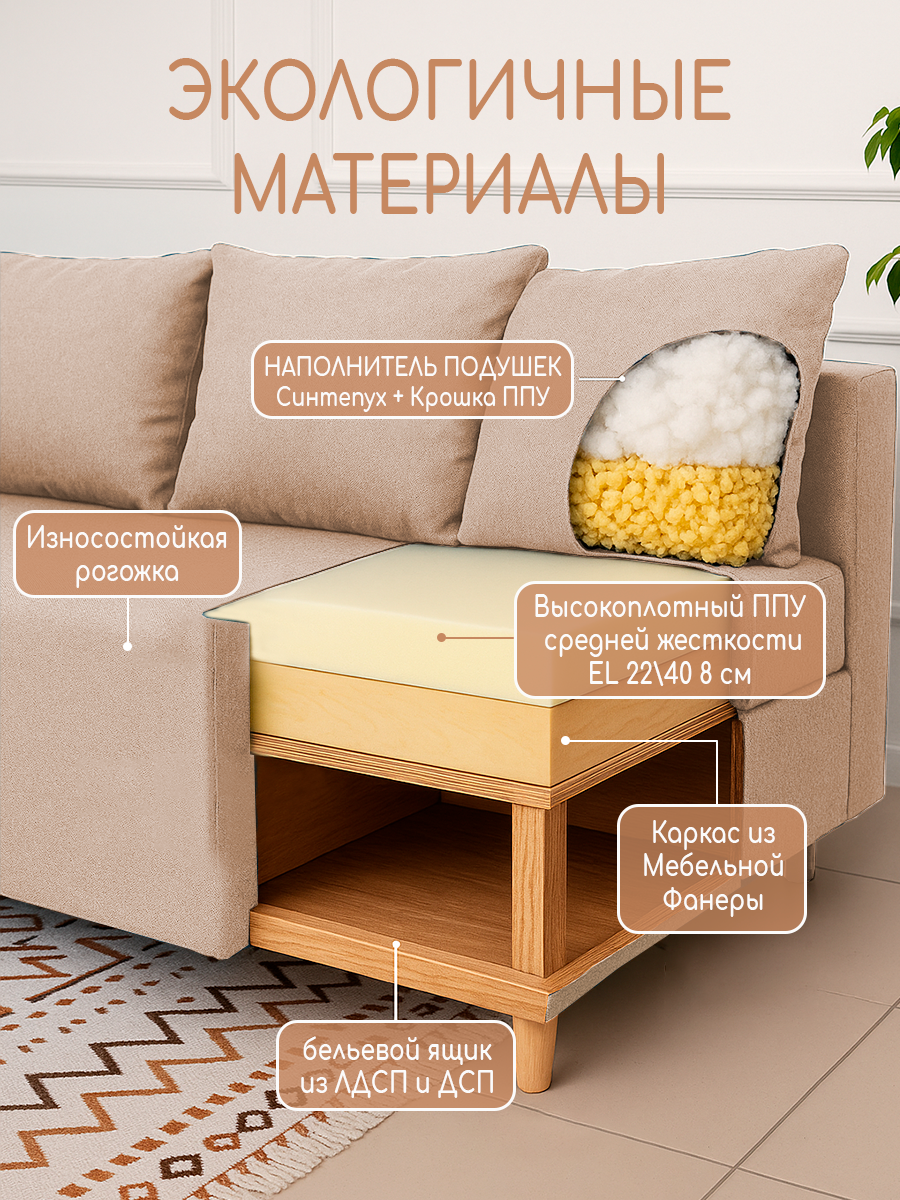 Диван кровать Генри велюр бежевый двуспальный раскладной для дома EDLEN — фото 1