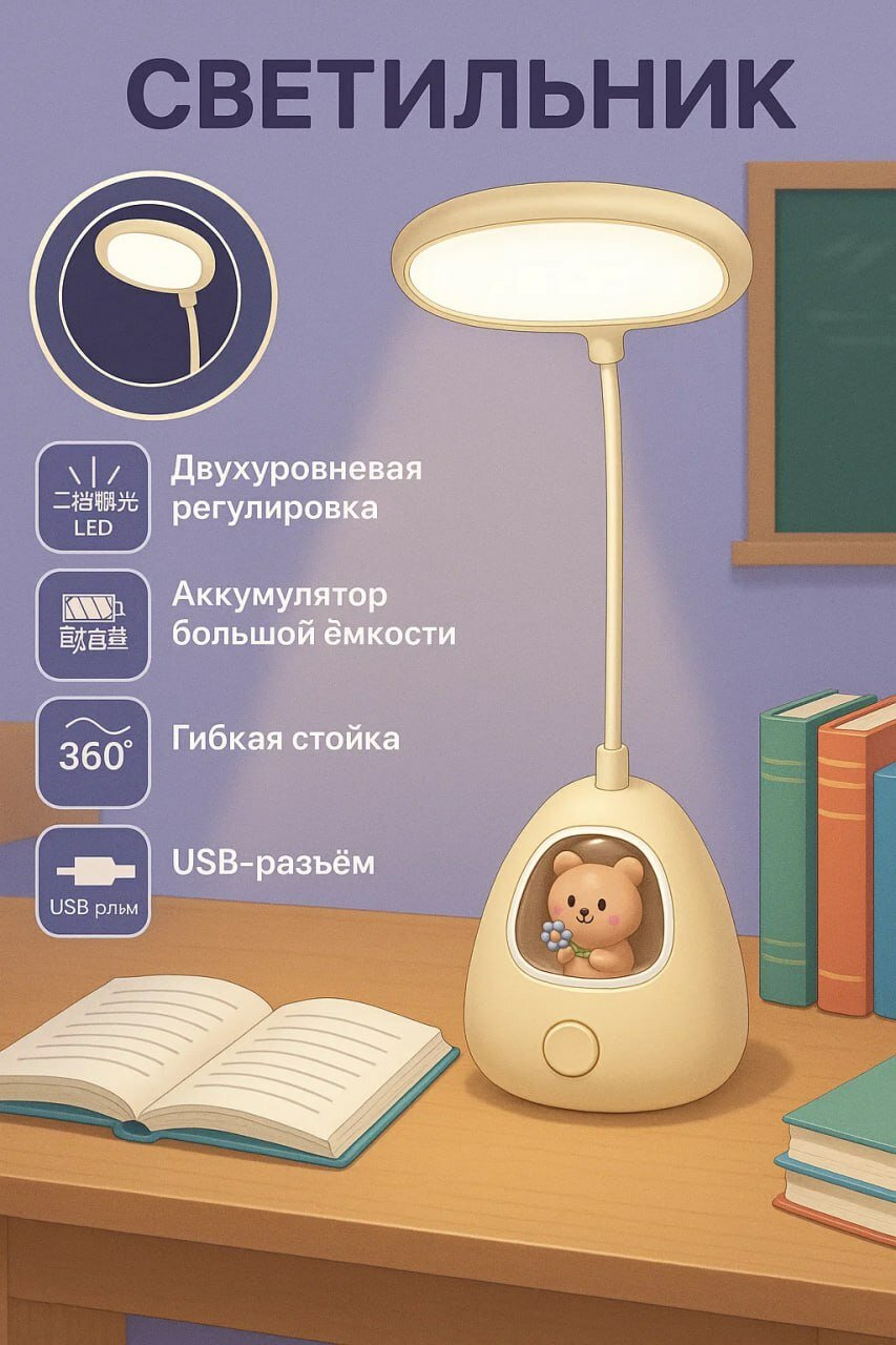 Светодиодная настольная лампа с изображением персонажа мультфильма. Мягкий свет, вращение на 360°, весёлая и подходит для детей. Идеальный выбор для чтения и использования перед сном.
