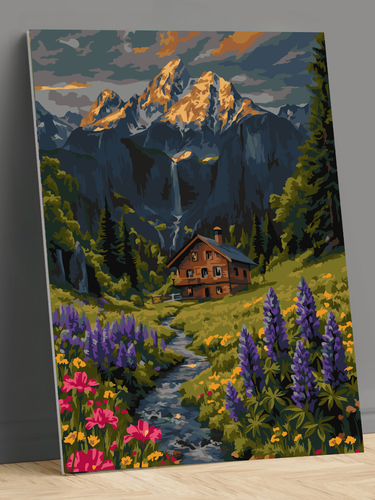 Изображение товара Картина "Домик в долине" 30x40 см, холст на подрамнике, природа, пейзаж, горы