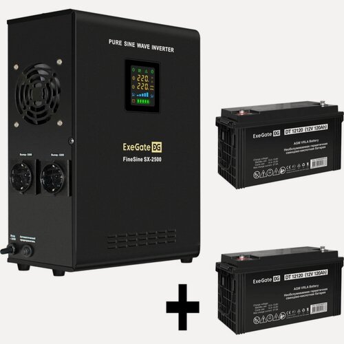 Изображение товара Комплект ExeGate FineSine SX-2500. LCD. AVR.2SH ИБП EX296002RUS + батарея 120Aч EX282988RUS 2шт, черный
