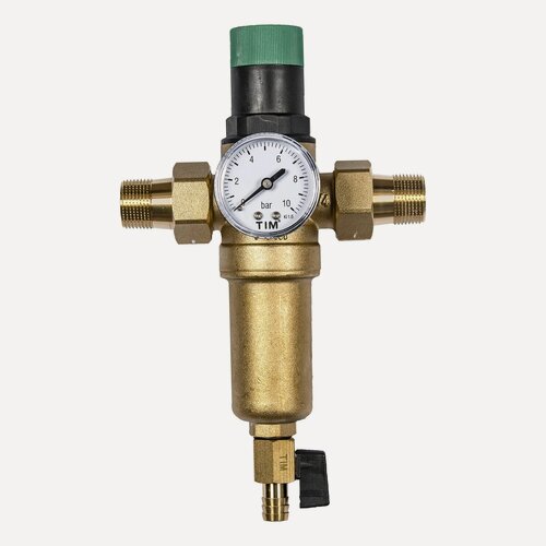 Изображение товара Фильтр с редуктором давления 3/4" самоочищающийся с манометром, американками и дренажем, латунная колба, TIM, JH-2007