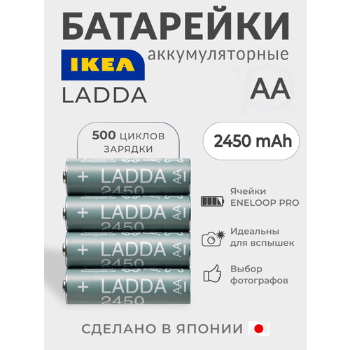 IKEA Аккумуляторная батарейка IKEA. 2450 mAh, HR06 AA 1, 2 В, 4 шт. LADDA, Япония. Икеа Ладда 505.046.92