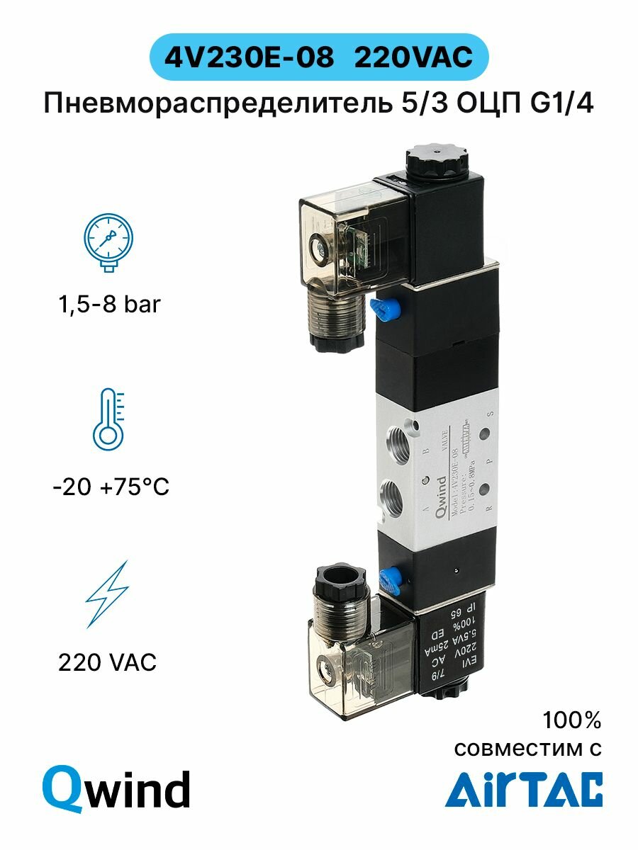 Пневмораспределитель Qwind 4V230E-08 AC220V, G1/4, функция 5/3 открытая центральная позиция