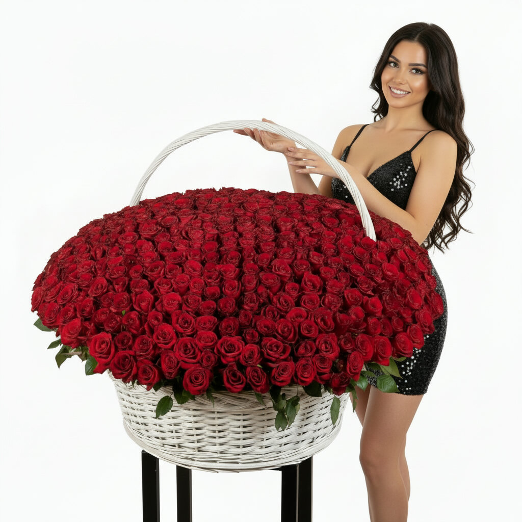 501 Элитная бордовая Роза с крупным бутоном в плетеной корзине