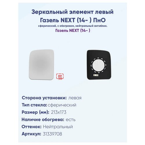 фото Зеркальный элемент левый газель next (14- ) пно с обогревом и сферическим противоослепляющим зеркальным отражателем нейтрального тона. ergon
