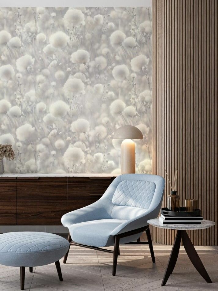 Обои винил горячего тиснения моющиеся на флизелиновой основе Marvig Хлопок 1.06м х 10.05м цветы хлопка цвет светло-серый 00104310