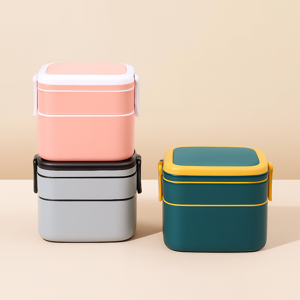 Двухъярусный термоланчбокс с ручкой, защёлками и двумя контейнерами для полноценного обеда