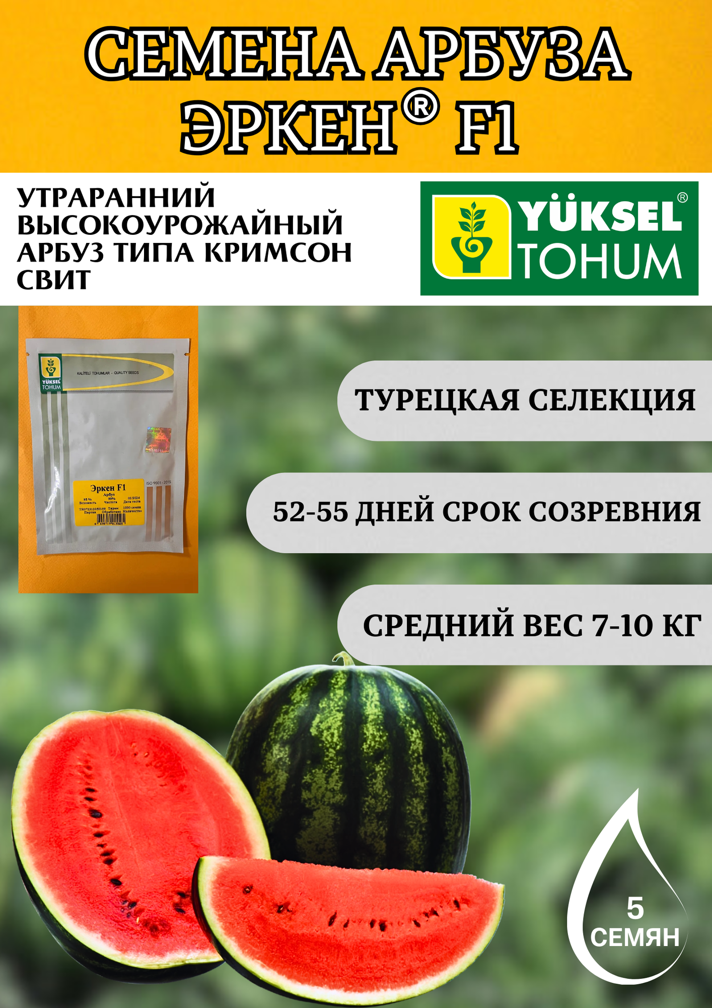 Профессиональные семена арбуза Эркен F1 Yuksel Tohum 5 штук