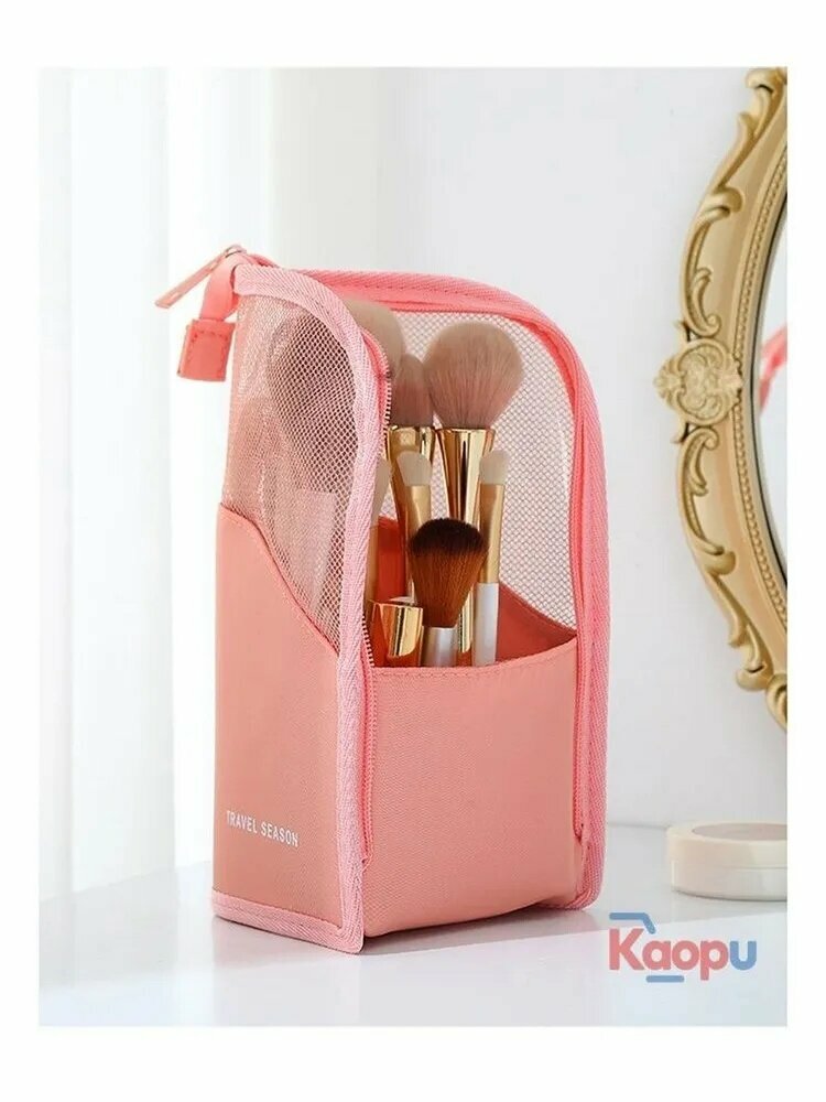 Косметичка футляр для кистей розовый на молнии, компактный размер 23x20x10 см, универсальный тубус для хранения