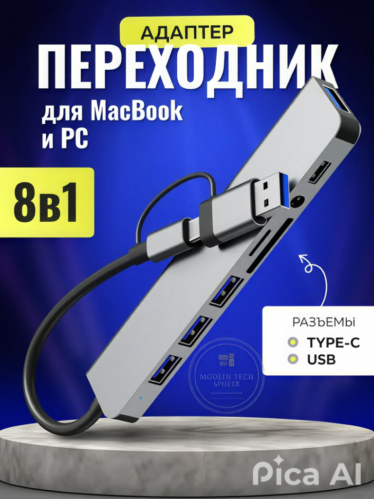 Переходник хаб 8 в 1, Type - C, USB HUB, для MacBook, iPad Pro и смартфонов
