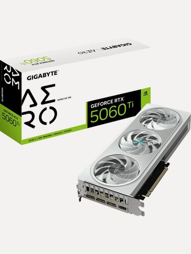 Изображение товара Видеокарта GIGABYTE GeForce RTX 5060 Ti AERO OC 8G, 8ГБ GDDR7,128-bit, 28 Гбит/с, PCI-E 5.0, белая