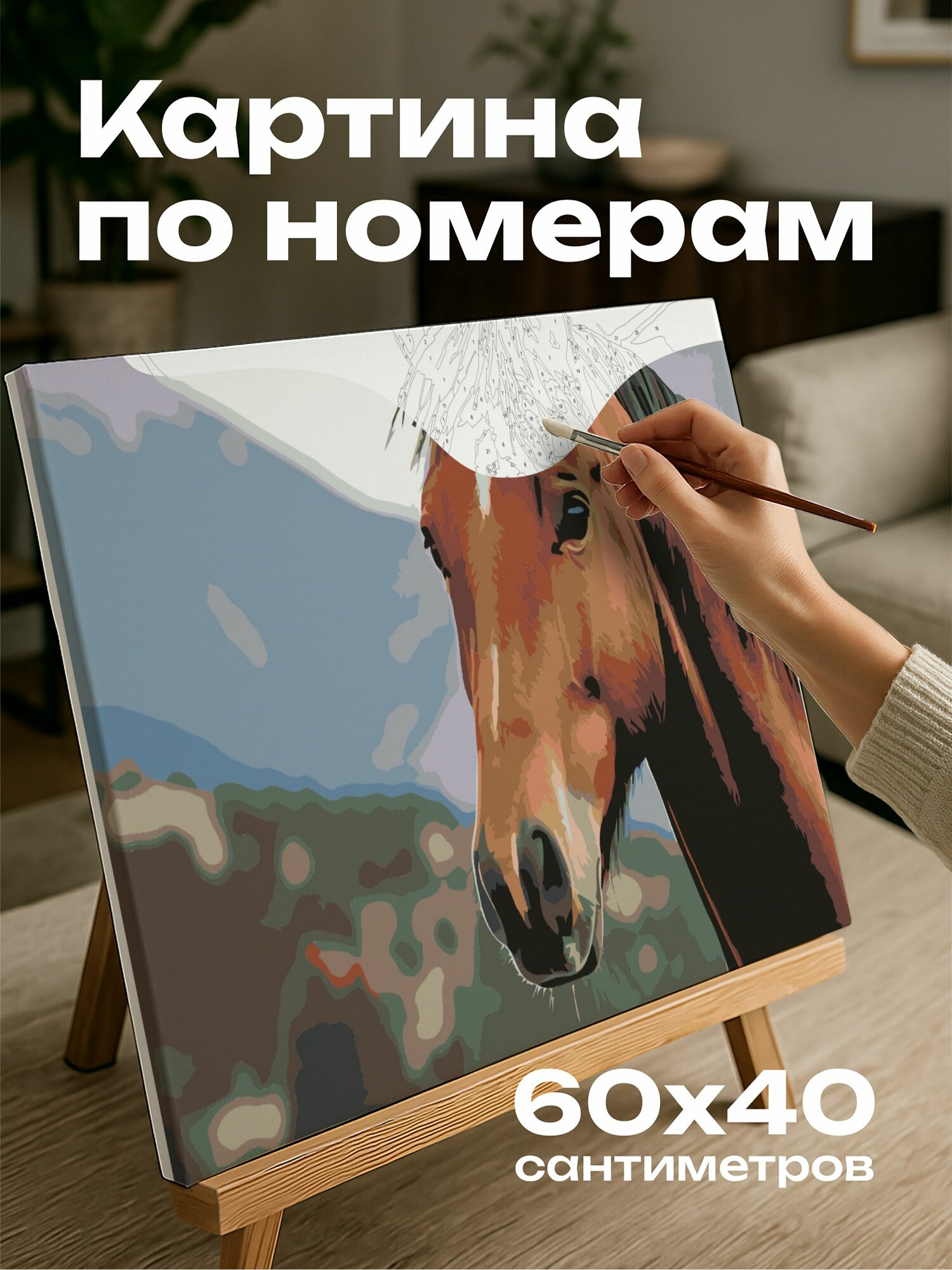 Картина по номерам 60x40 см, жеребец, мускулы, освещение, горы, свобода, сила, взгляд, разрешение, Nikon, ISO 200, f, 4