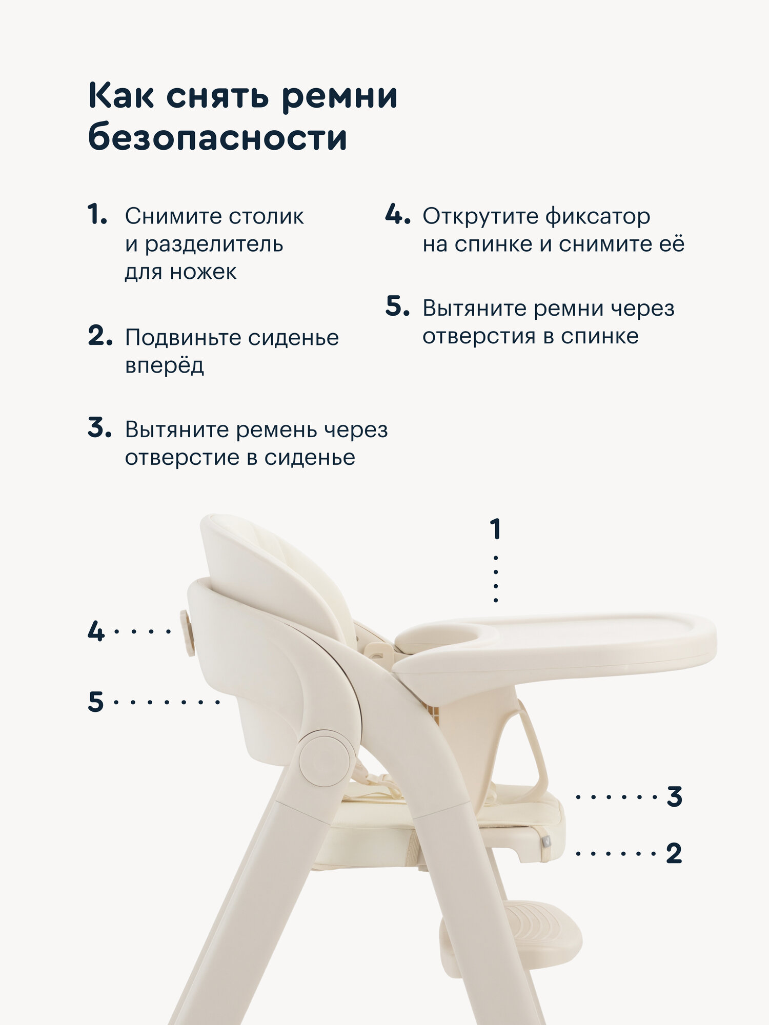Стульчик для кормления Junion Amma, складной, пятиточечные ремни безопасности, бежевый — фото 11