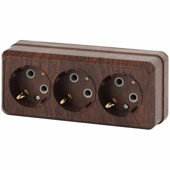 Розетка тройная открытой установки с заземлением, венге, 16А, 250В, IP20