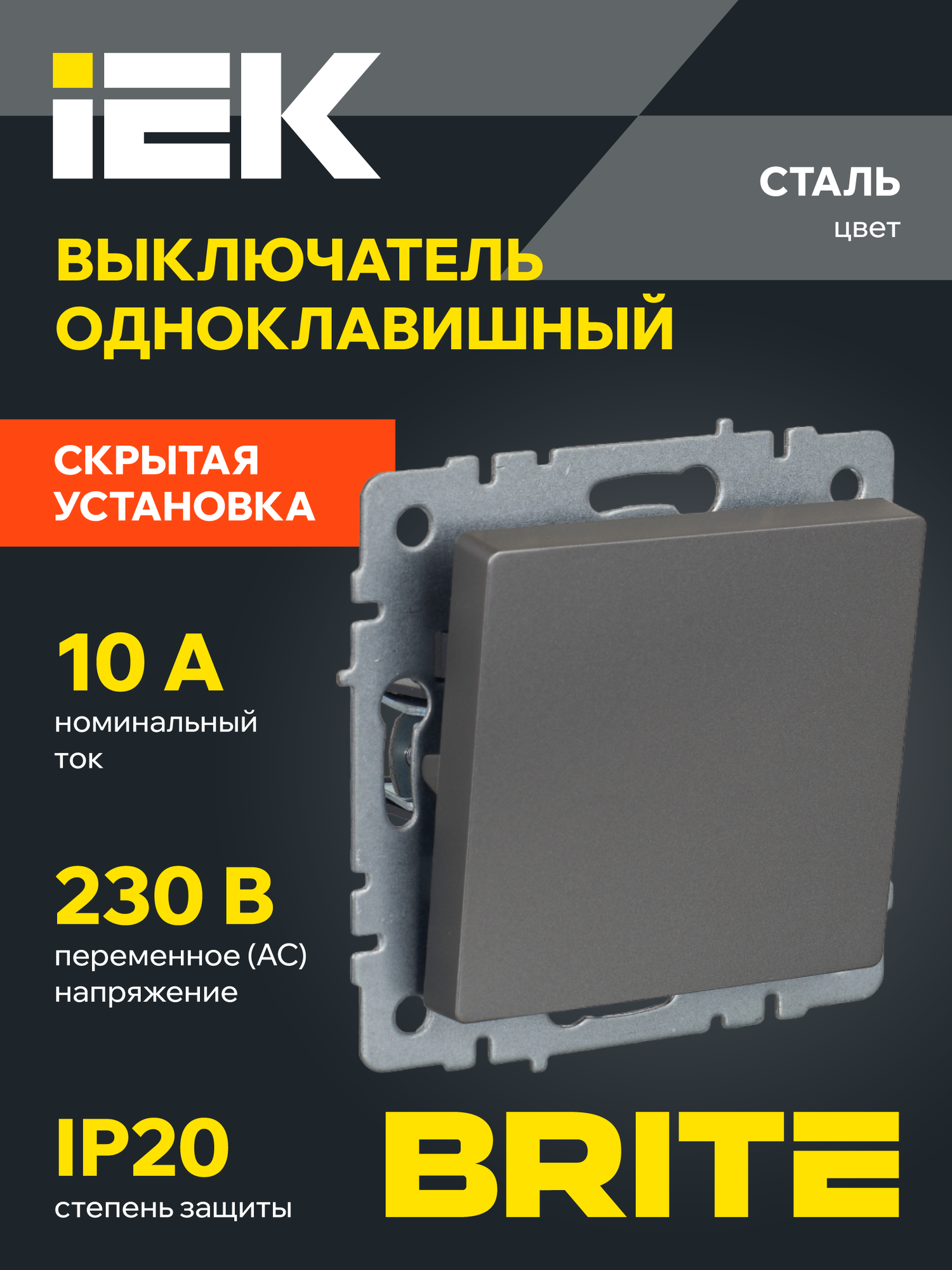 Выключатель одноклавишный ВС10-1-3-БрС 10А сталь IEK серия BRITE