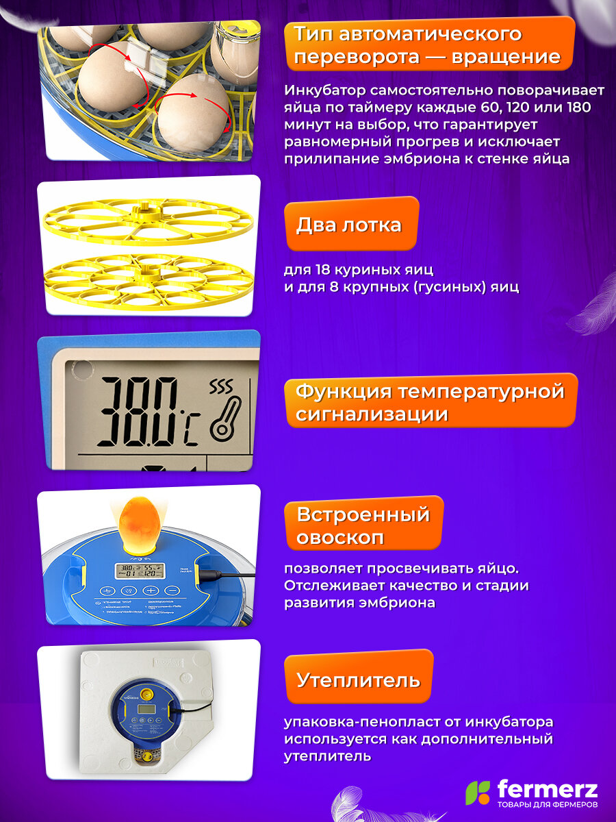 Инкубатор Fermerz EW-18H, автоматический поворот, овоскоп, для куриных и перепелиных яиц — фото 1