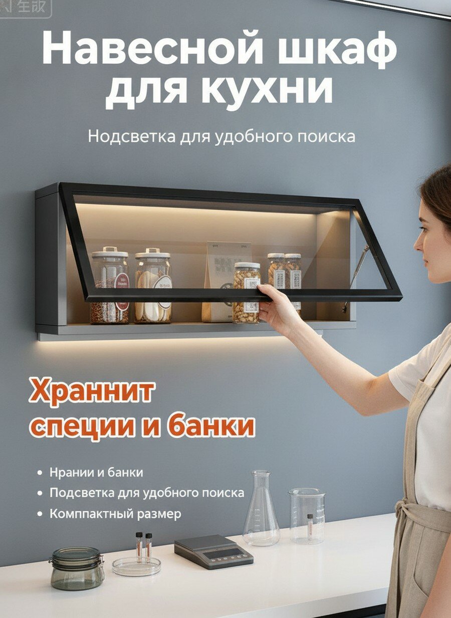 Навесной кухонный шкаф с наклонной стеклянной дверцей и встроенной подсветкой, металлический влагостойкий корпус, органайзер для специй и банок под верхними шкафами