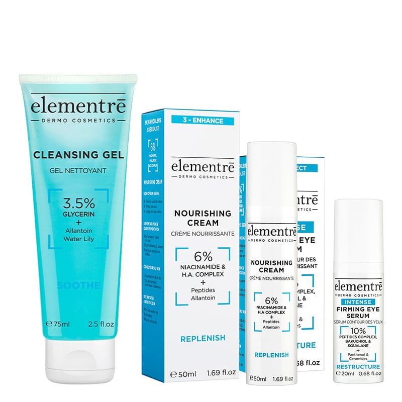 Набор уходовой косметики Elementre Nourishing + Firming + Cleansing набор Питательный крем 50 мл + Укрепляющая сыворотка под глаза 20 мл + Очищающий гель 75 мл