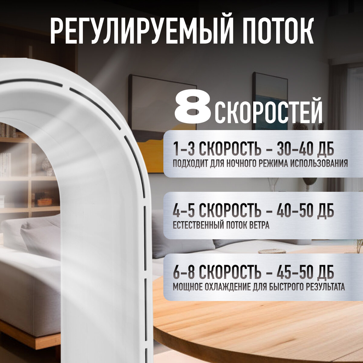 Вентилятор безлопастной напольный, с пультом управления ДУ, настольный бесшумный, белый, — фото 1