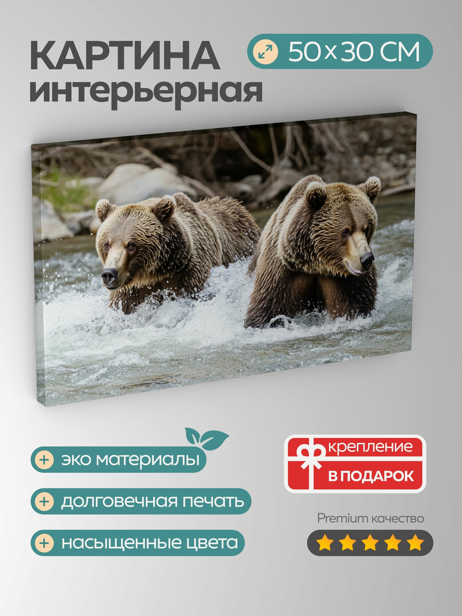 Картина на холсте интерьерная 50х30 см, медведи, гризли, река, игра, природа, дикий, животные, фотография, детали, Sony