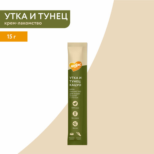Крем-лакомство для кошек Мнямс Нежное пюре из утки и тунца Кацуо, 10 стиков по 15 гр