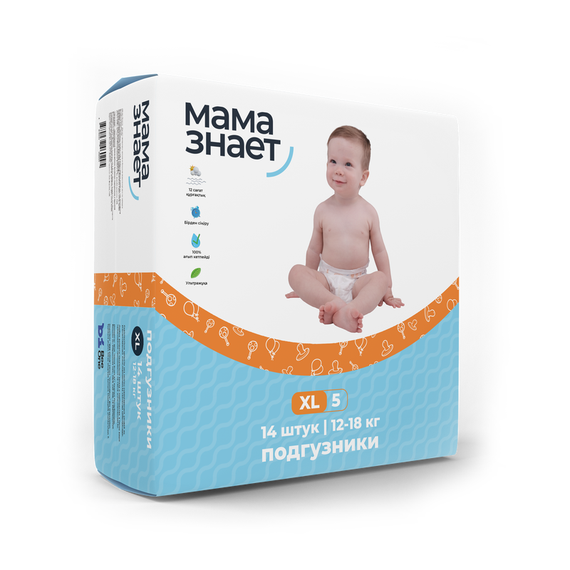 Подгузники "Мама Знает" XL 14 штук. Для детей от 12кг до 18 кг,