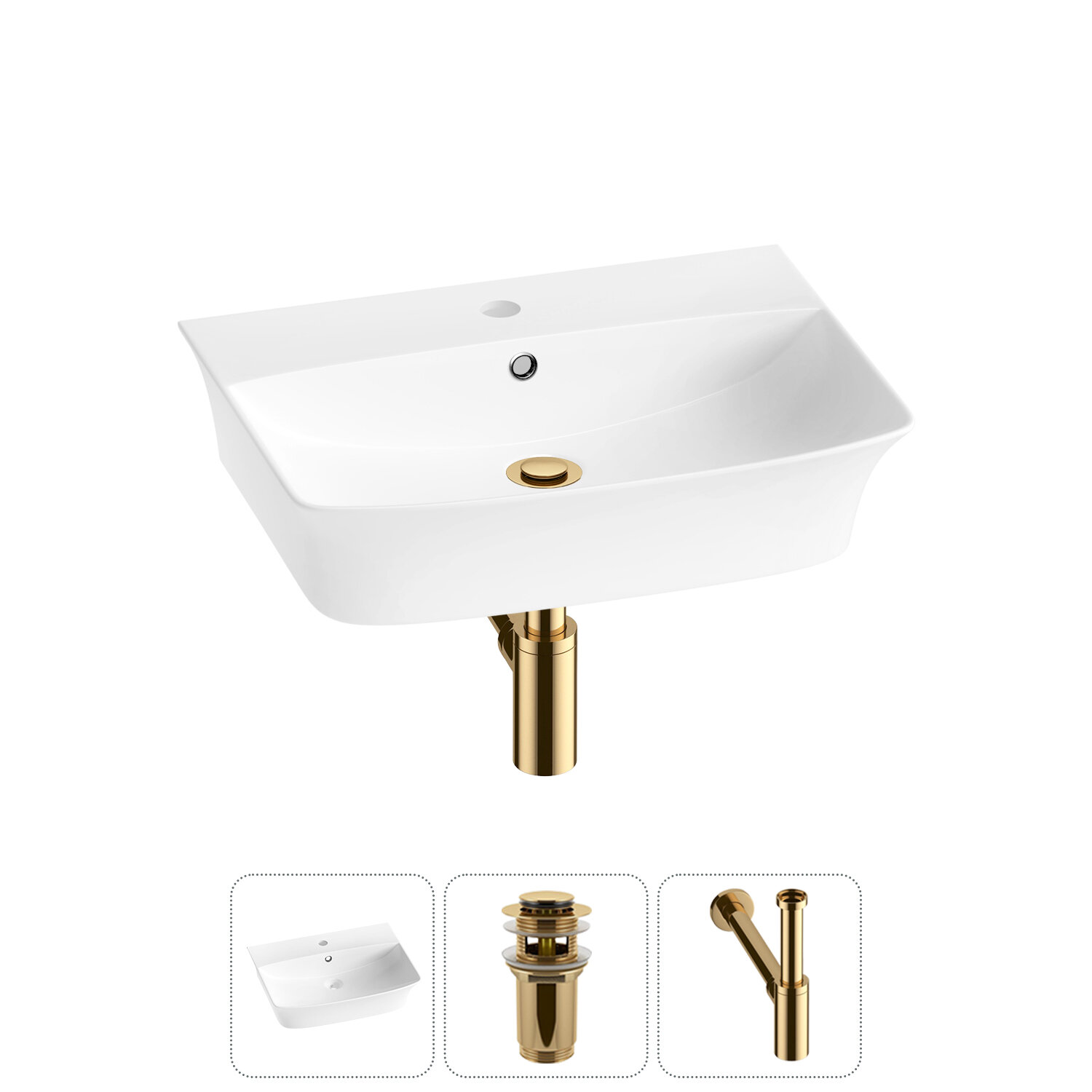 Подвесная или накладная раковина в ванную комнату Lavinia Boho Bathroom Sink 20216783R в наборе 3 в 1: раковина 55 см в цвете белый глянец, донный клапан, сифон